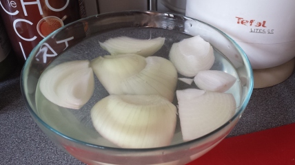 Trick: When cutting onions, put the pieces you are not cutting yet into a cold bath. Take them out as you are ready to cook them. If putting them straight into a pot, do so. If not, put the onions BACK in the cold bath. :) No tears!